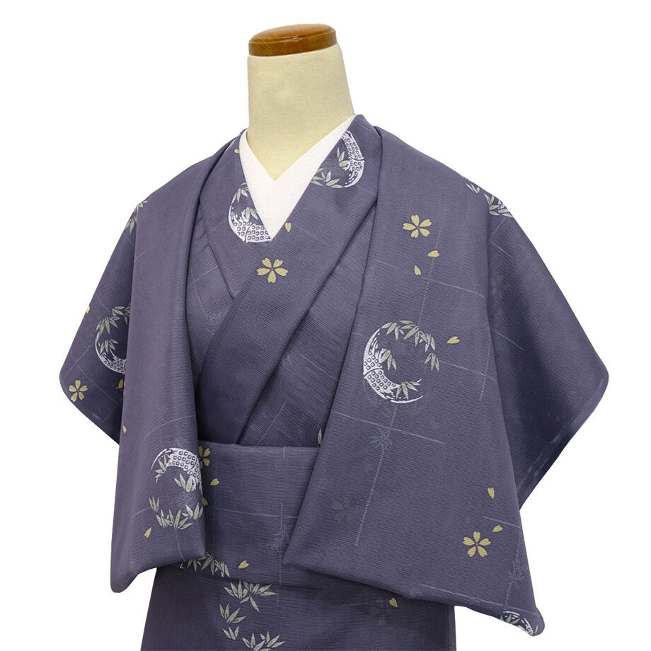 受注生産 洗える着物の仕立て付き ポリエステル 竹格子に笹と桜