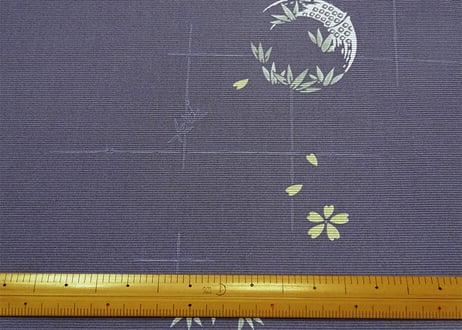 受注生産　洗える着物の仕立て付き ポリエステル 竹格子に笹と桜 青紫 (夏反物) バチ衿単衣仕立て 反物・仕立て代込み 単衣ハイテク仕立て オーダーサイ