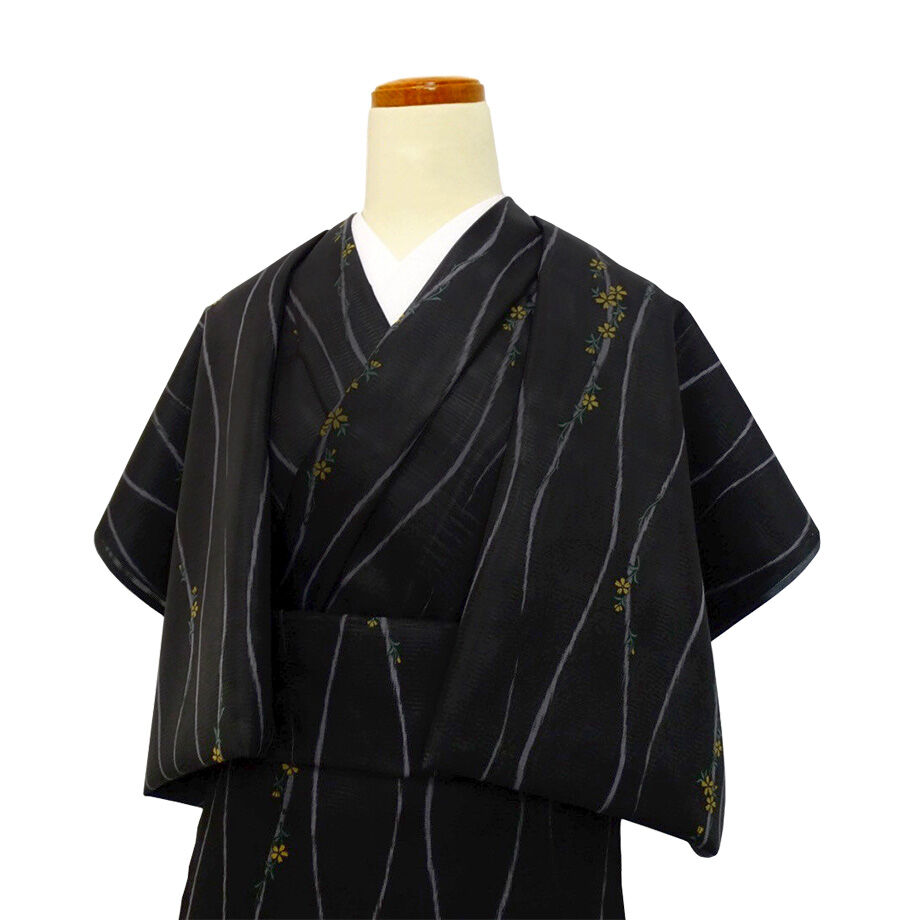 受注生産 洗える着物の仕立て付き ポリエステル 立涌紋に小花 黒 (夏