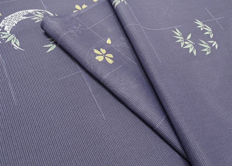 受注生産　洗える着物の仕立て付き ポリエステル 竹格子に笹と桜 青紫 (夏反物) バチ衿単衣仕立て 反物・仕立て代込み 単衣ハイテク仕立て オーダーサイ