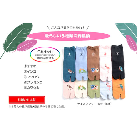 【アンゴラ混】“野鳥柄” 足袋ソックス 色おまかせ５足組