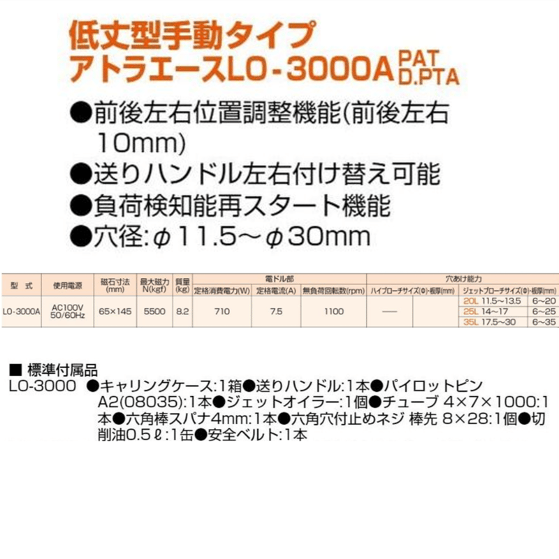 (値下げ)アトラーエース FA-35 62-4138-24 低丈アトラ 穴あけ能力(mm)：11.5～30 LO-3000A