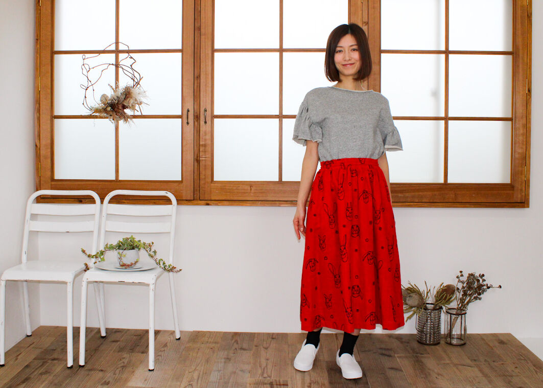 ☆うさぎ柄刺繍入りダブルガーゼ・エアリースカート☆ RED | Le ☆うさぎ柄刺繍入りダブルガーゼ・エアリースカート☆ RED | Le