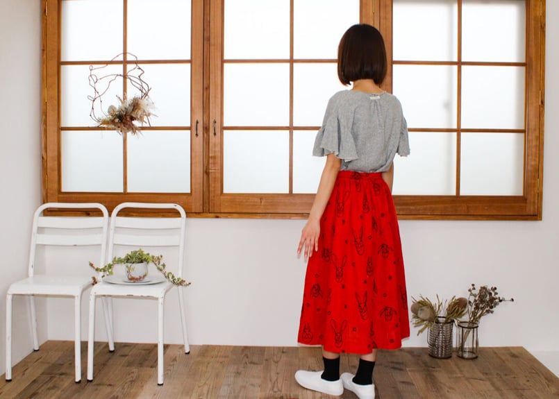 ☆うさぎ柄刺繍入りダブルガーゼ・エアリースカート☆ RED | Le ☆うさぎ柄刺繍入りダブルガーゼ・エアリースカート☆ RED | Le
