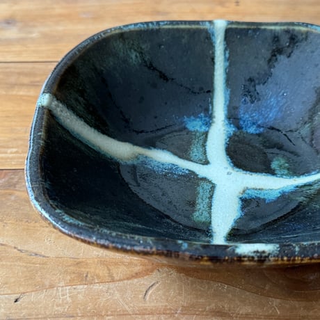 村澤陶苑　青銅釉糠角鉢 A (約16.5×16.5cm)