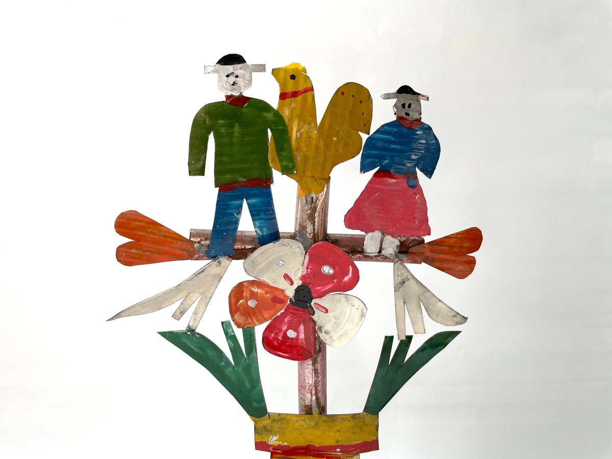 十字架悠久の祈りペルー土産教会銅板細工ガラスドーム欅板台希少玄関