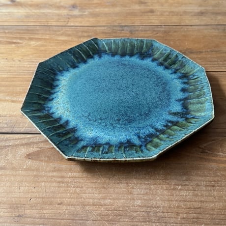 村澤陶苑　青銅釉刷毛目八角皿 ハ (直径約20.5cm)