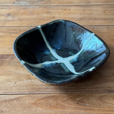 村澤陶苑　青銅釉糠角鉢 A (約16.5×16.5cm)
