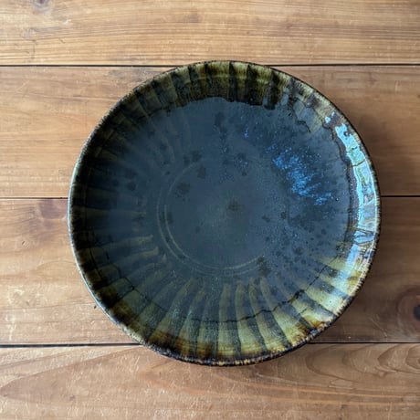 村澤陶苑　青銅釉刷毛目皿 B (直径約21cm)
