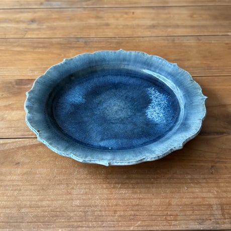 村澤陶苑　青灰釉稜花プレート皿 A (直径約19cm)