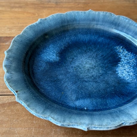 村澤陶苑　青灰釉稜花プレート皿 A (直径約19cm)