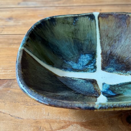 村澤陶苑　青銅釉糠角鉢 B (約16.5×16.5cm)