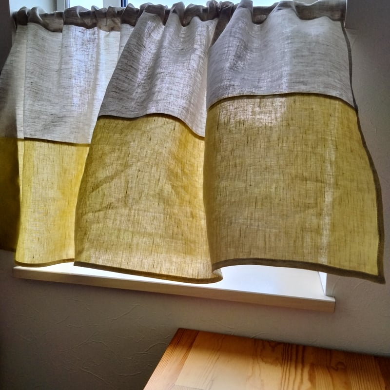 ♥シンプル綿麻カーテン♥ピスタチオイエロー＆ナチュラル♥2段カフェ
