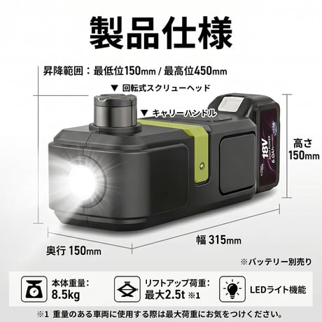 コードレスでどこでも使える！ハンディ電動ジャッキ
