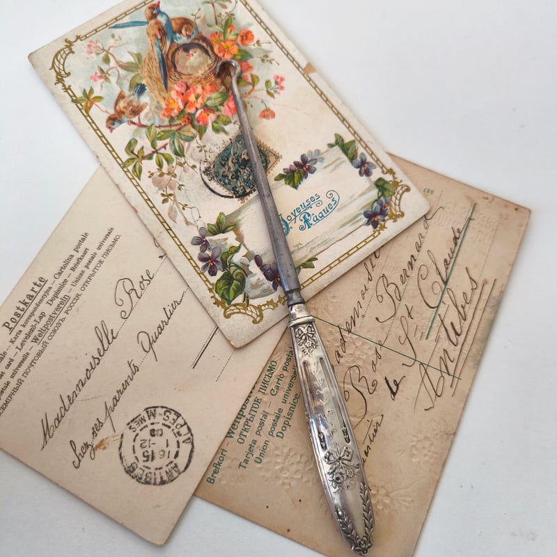 フランスアンティーク シルバー鍵針 リボン装飾 ボタンフック