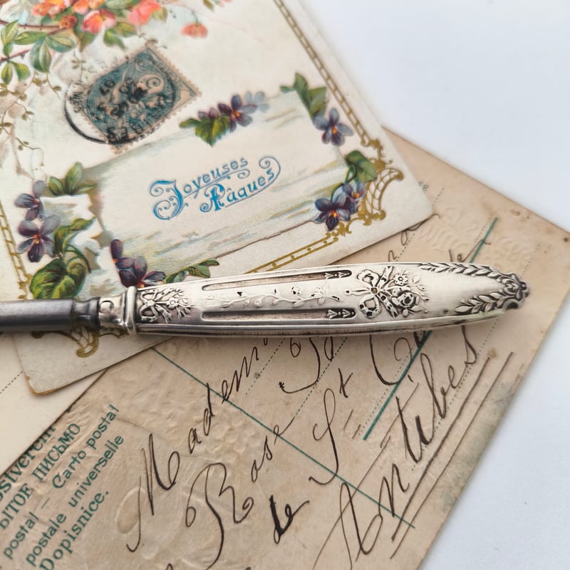 フランスアンティーク シルバー鍵針 リボン装飾 ボタンフック