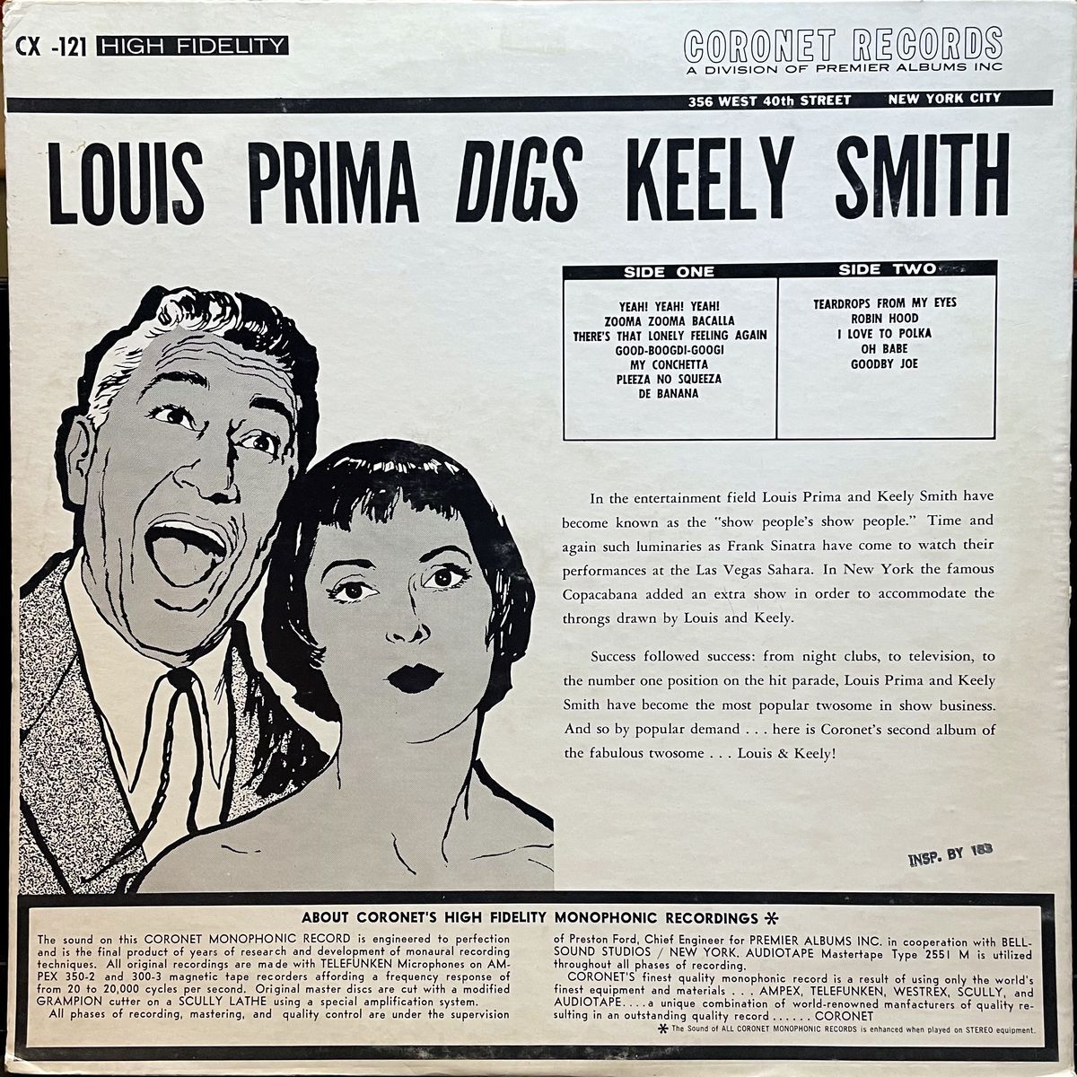Louis Prima Digs Keely Smith Record Album Vinyl LP - CXS 121 - No Cover,  in 2023