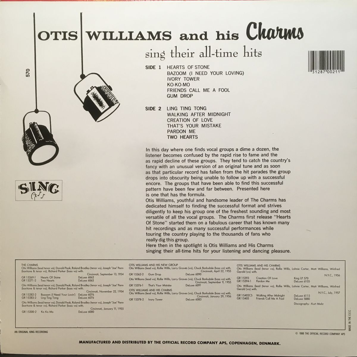 OTIS WILLIAMS and HIS CHARMS: Sing Their All-時間 / Hits LP 1957