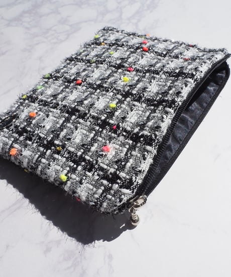 【M size】black×white check×pompoms（pouch）