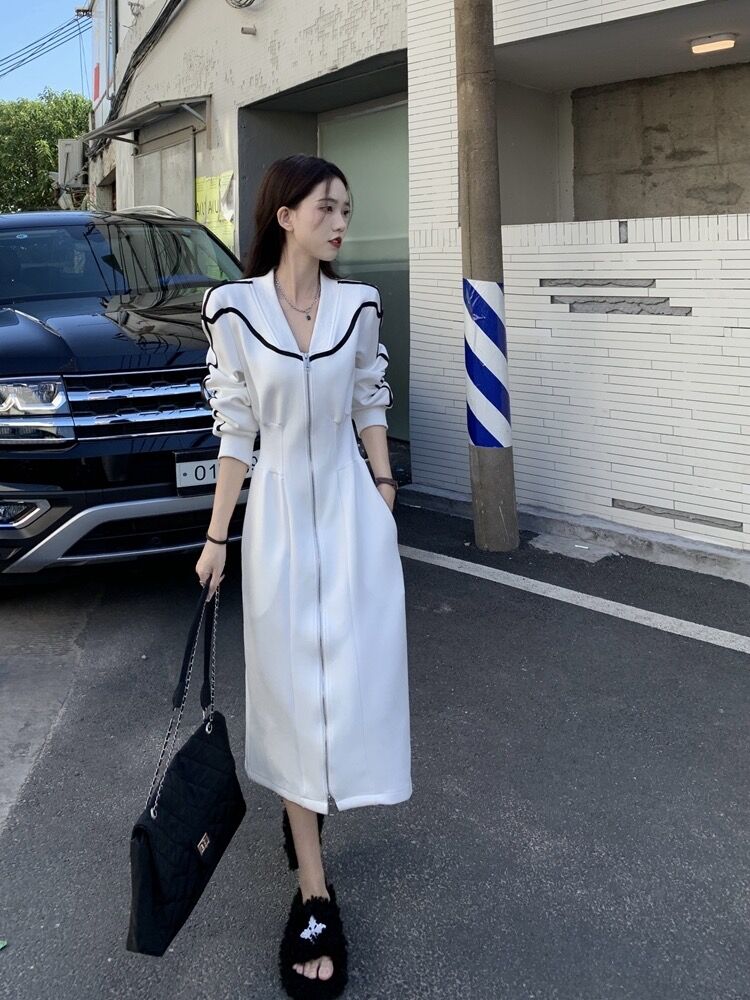 ☆ホワイト 白 ワンピース フロントジップ フロントジップワンピース白 | SHARA