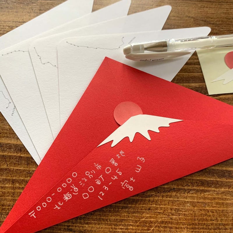 赤富士△封筒【富士山レターセット】 | 切り抜きマシカク封筒とペット