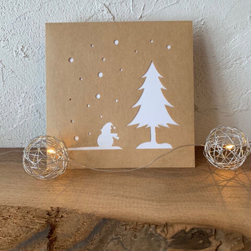 雪だるまと木】切り抜きマシカク封筒12cm＆カードset | 切り抜き