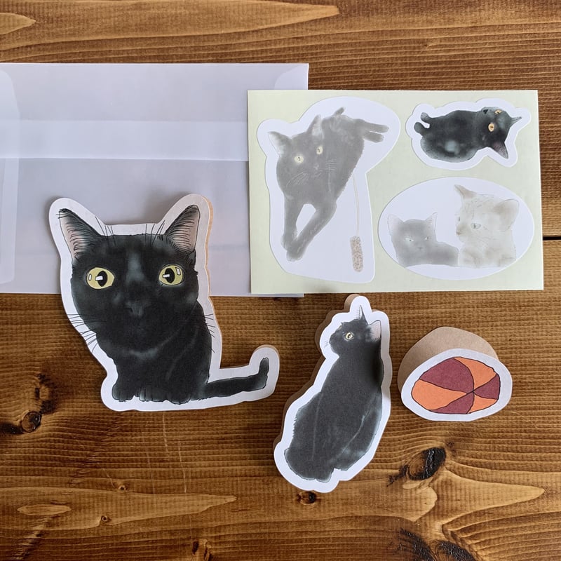 ねこだらけ黒色の子【切り抜きレターセット】 | 切り抜きマシカク封筒