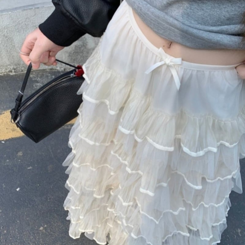 sheer frill long skirt WHITE | IPSUM