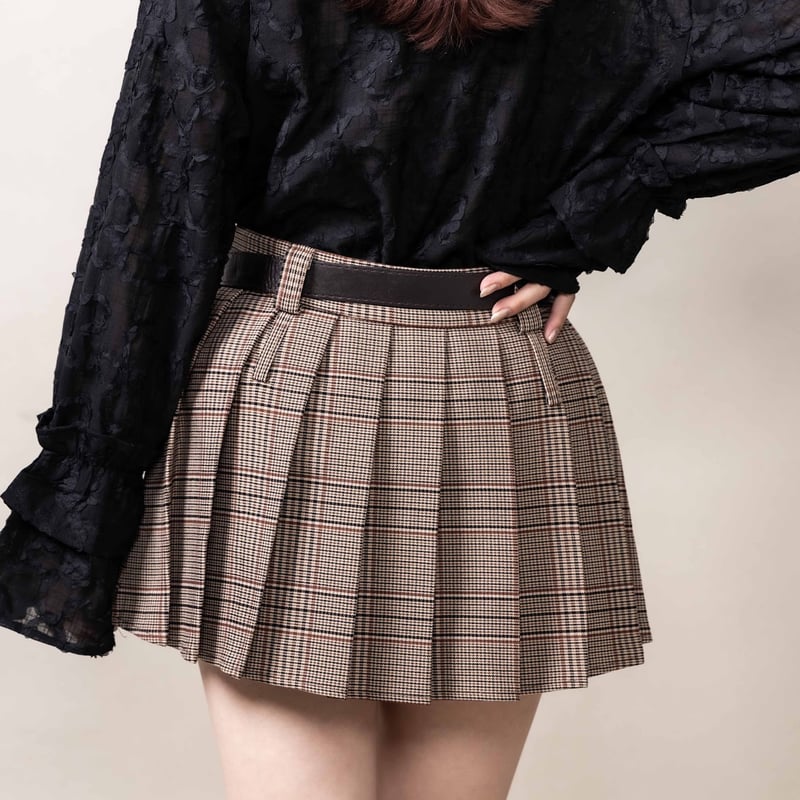 check pleats mini skirt BROWN | IPSUM