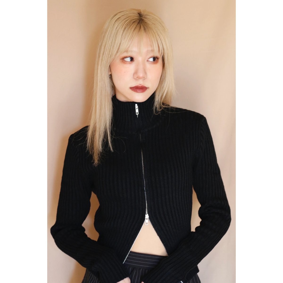 front zip slim fit rib knit top BLACK | IPSUM