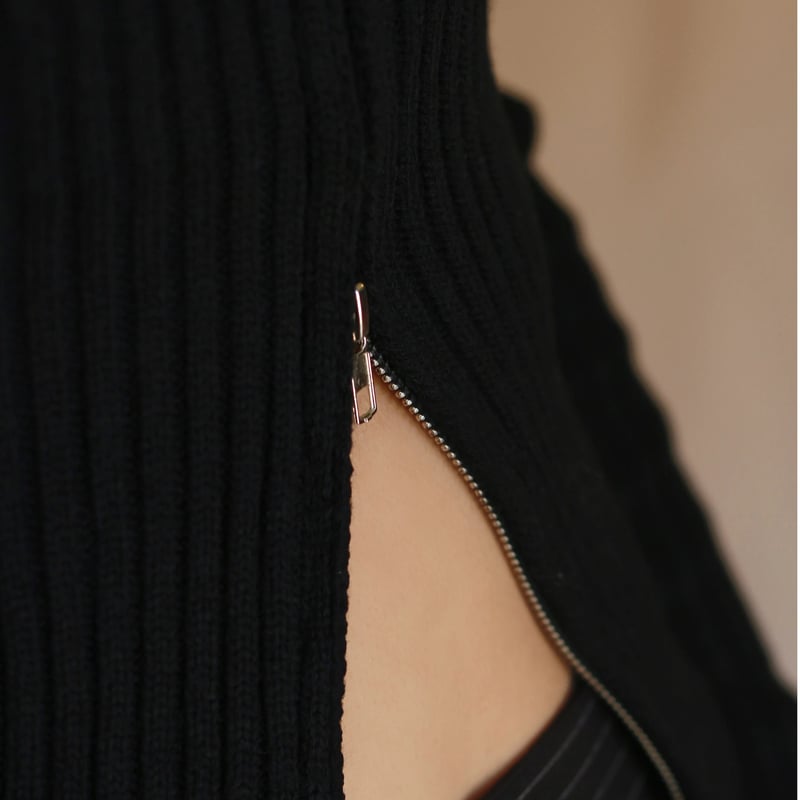 front zip slim fit rib knit top BLACK | IPSUM