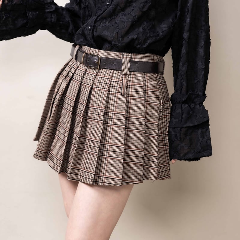 check pleats mini skirt BROWN | IPSUM