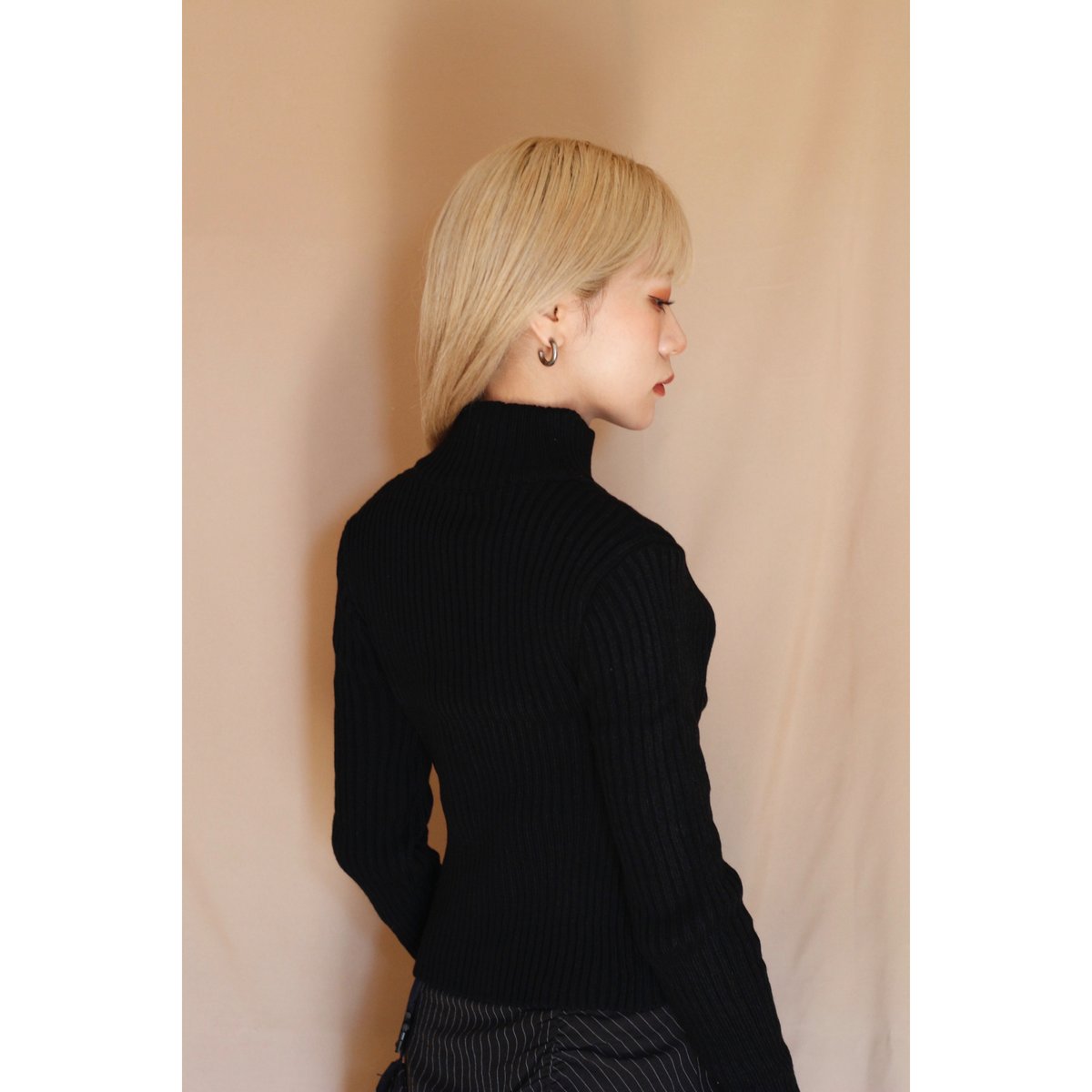 front zip slim fit rib knit top BLACK | IPSUM