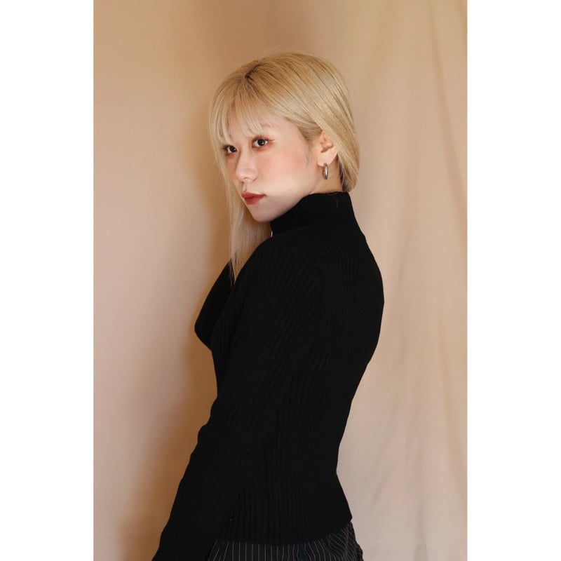 front zip slim fit rib knit top BLACK | IPSUM