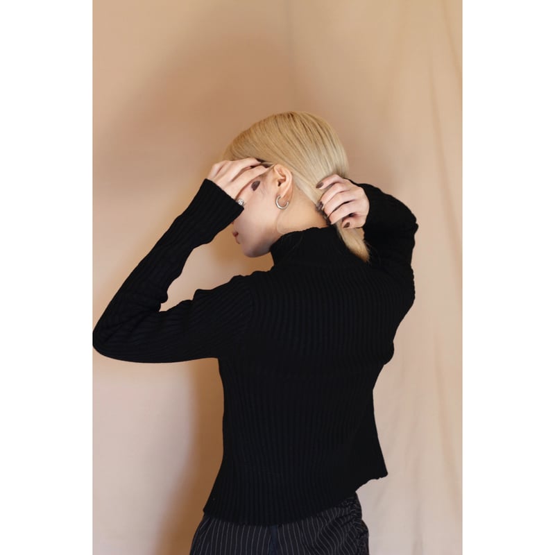 front zip slim fit rib knit top BLACK | IPSUM