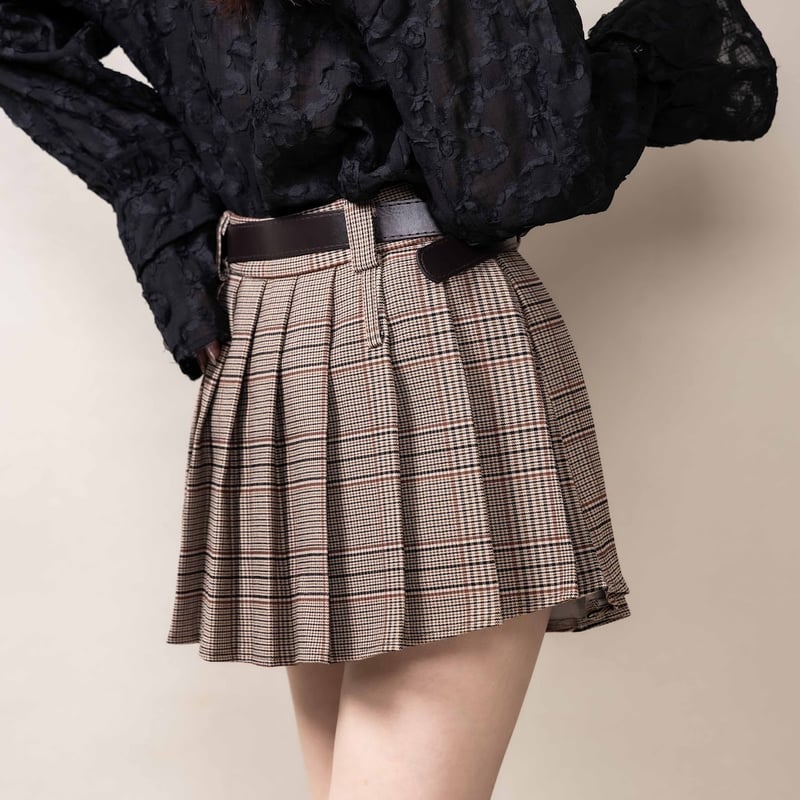 check pleats mini skirt BROWN | IPSUM