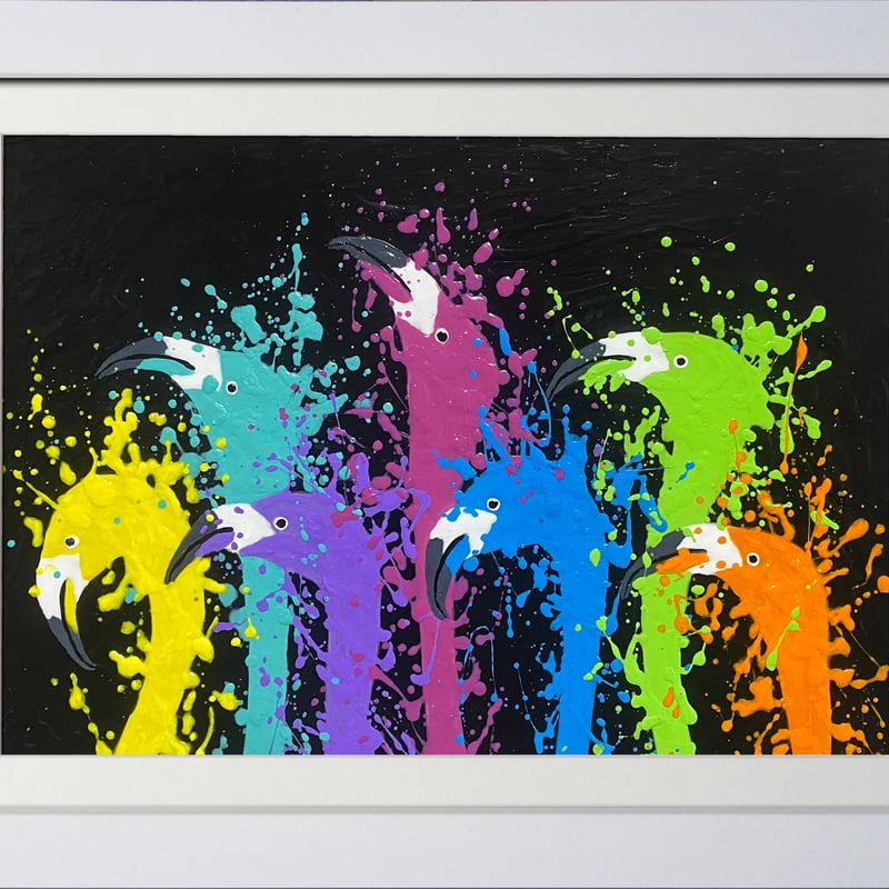 に*け様 「 逃げることをやめたフラミンゴ 」｜絵画 原画 抽象画 動物画 ドロ フラミンゴを祝福する動物達」フレーム付きレプリカ（A3サイズ