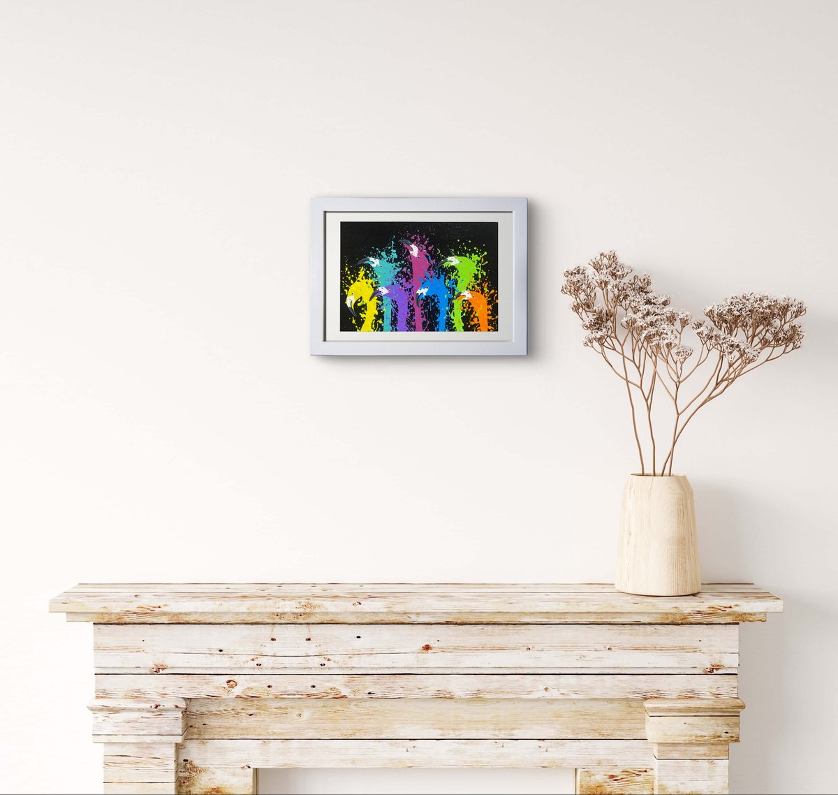 に*け様 「 逃げることをやめたフラミンゴ 」｜絵画 原画 抽象画 動物画 ドロ フラミンゴを祝福する動物達」フレーム付きレプリカ（A3サイズ