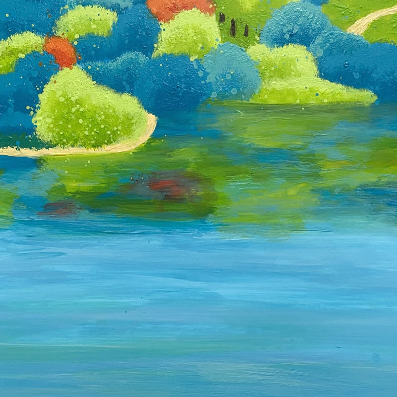 絵画　秋の湖 張学忠 「湖辺秋色」 水彩画 2001年 – 国際美術研究所