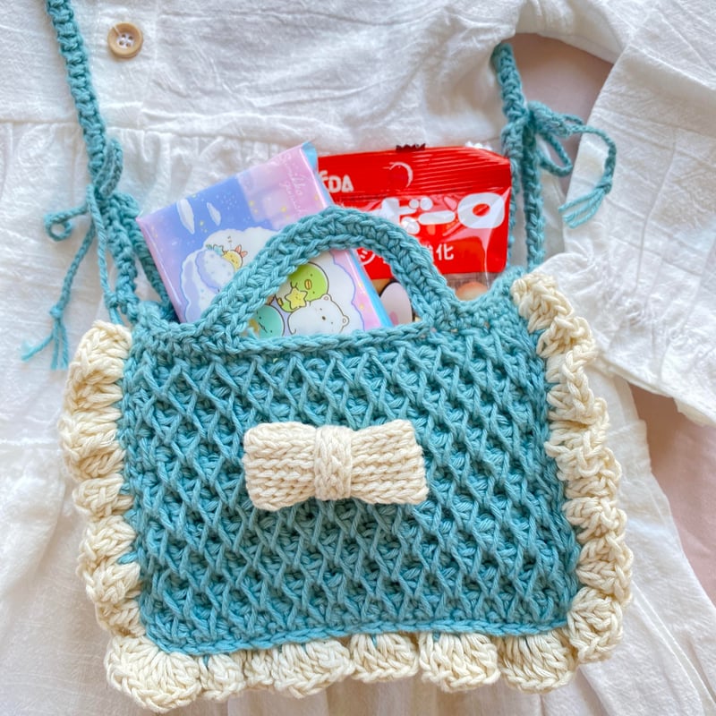 リボンポシェット(ダイヤ柄アクアブルー) | Yana mon atelier