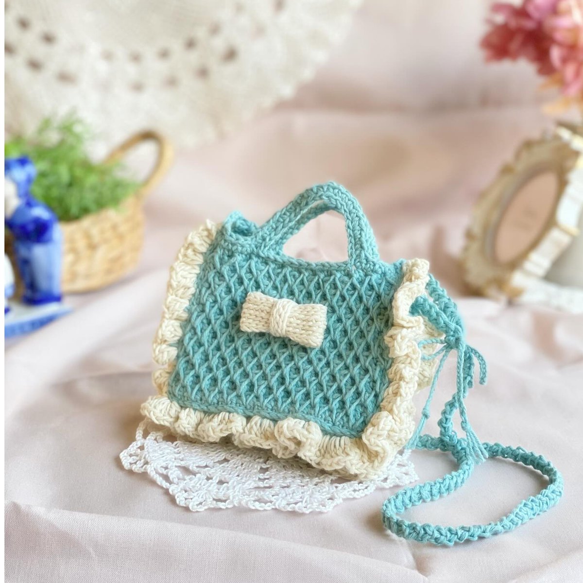 リボンポシェット(ダイヤ柄アクアブルー) | Yana mon atelier