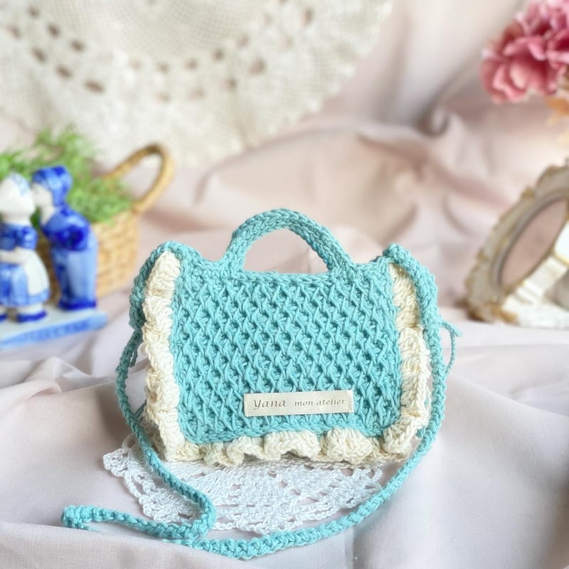 新品 キャンバス リボン ポシェット リボンポシェット(ダイヤ柄アクアブルー) | Yana mon atelier