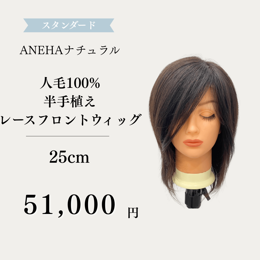 ANEHA ナチュラル人毛100％半手植えレースフロントフルウィッグ 25㎝ M