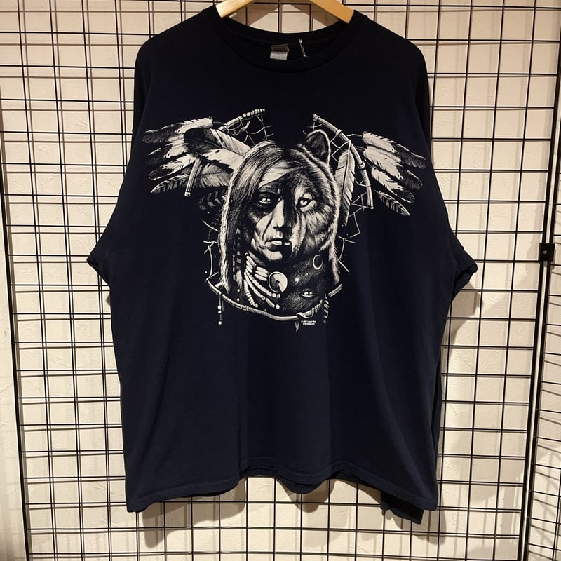 GILDAN Liquid Blue ネイティブアメリカンプリント 長袖Tシャツ