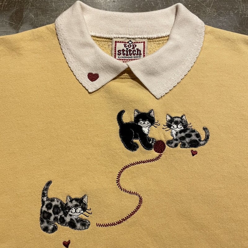 top stitch by MORNING SUN アニマル 猫 刺繍 襟付き スウェットシャ