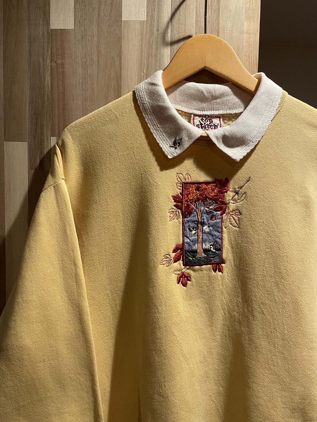 90s top stitch by MORNINGSUN 襟付き　刺繍　スウェット　アメリカ製　Lサイズ　クリームイエロー
