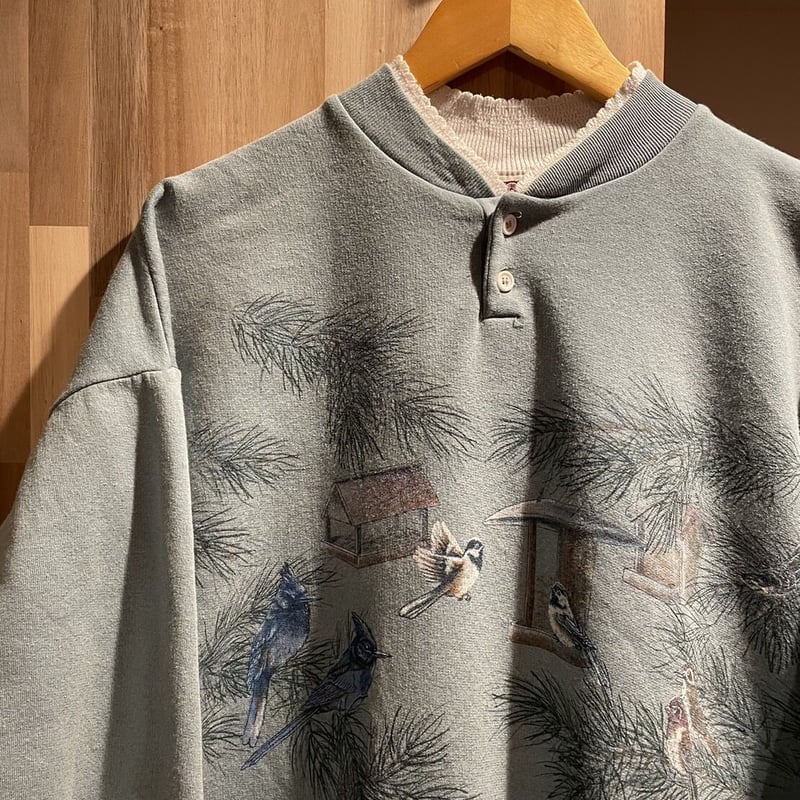 USA製 襟付き刺繍スウェット トリ グリーン 長袖 ビッグサイズ