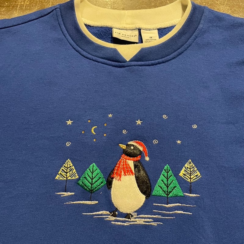 KIM ROGERS アニマル ペンギン 刺繍 スウェットシャツ ブルー C634