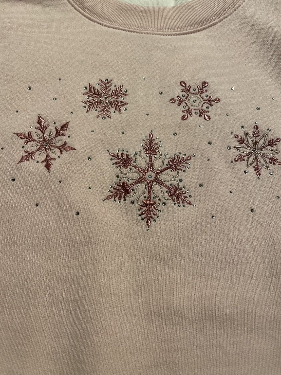 雪の結晶 モチーフ 刺繍 ダブルカラー スウェットシャツ ピンク