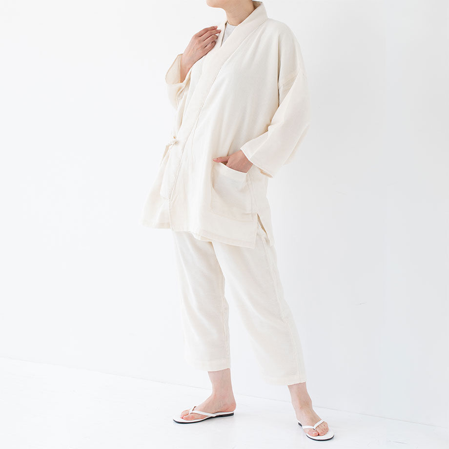 和晒ガーゼ作務衣 纏Matoi ドビー織｜ピンク | くらす和晒（わざらし